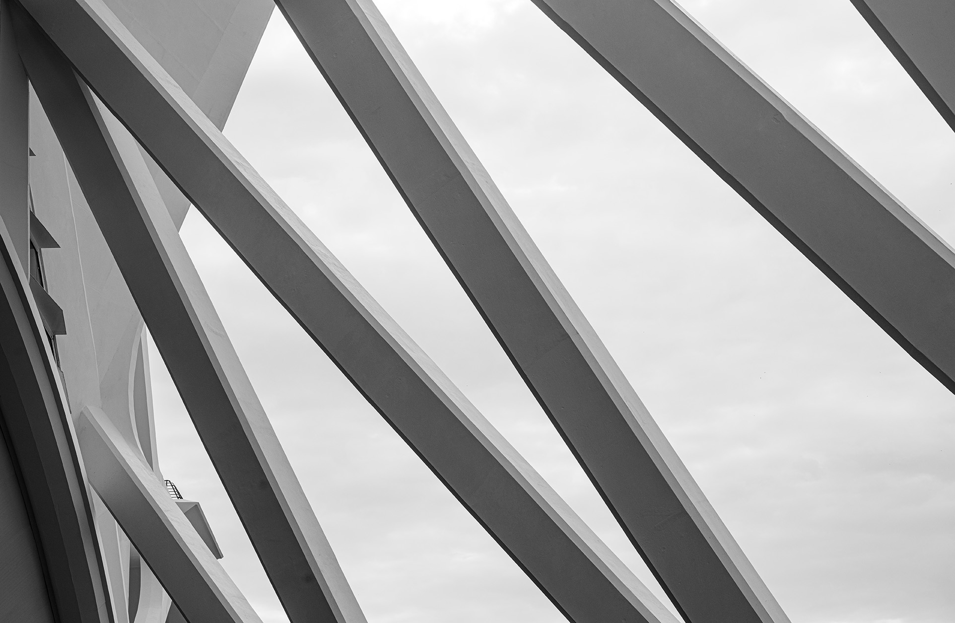 Architectural beams against a pale sky